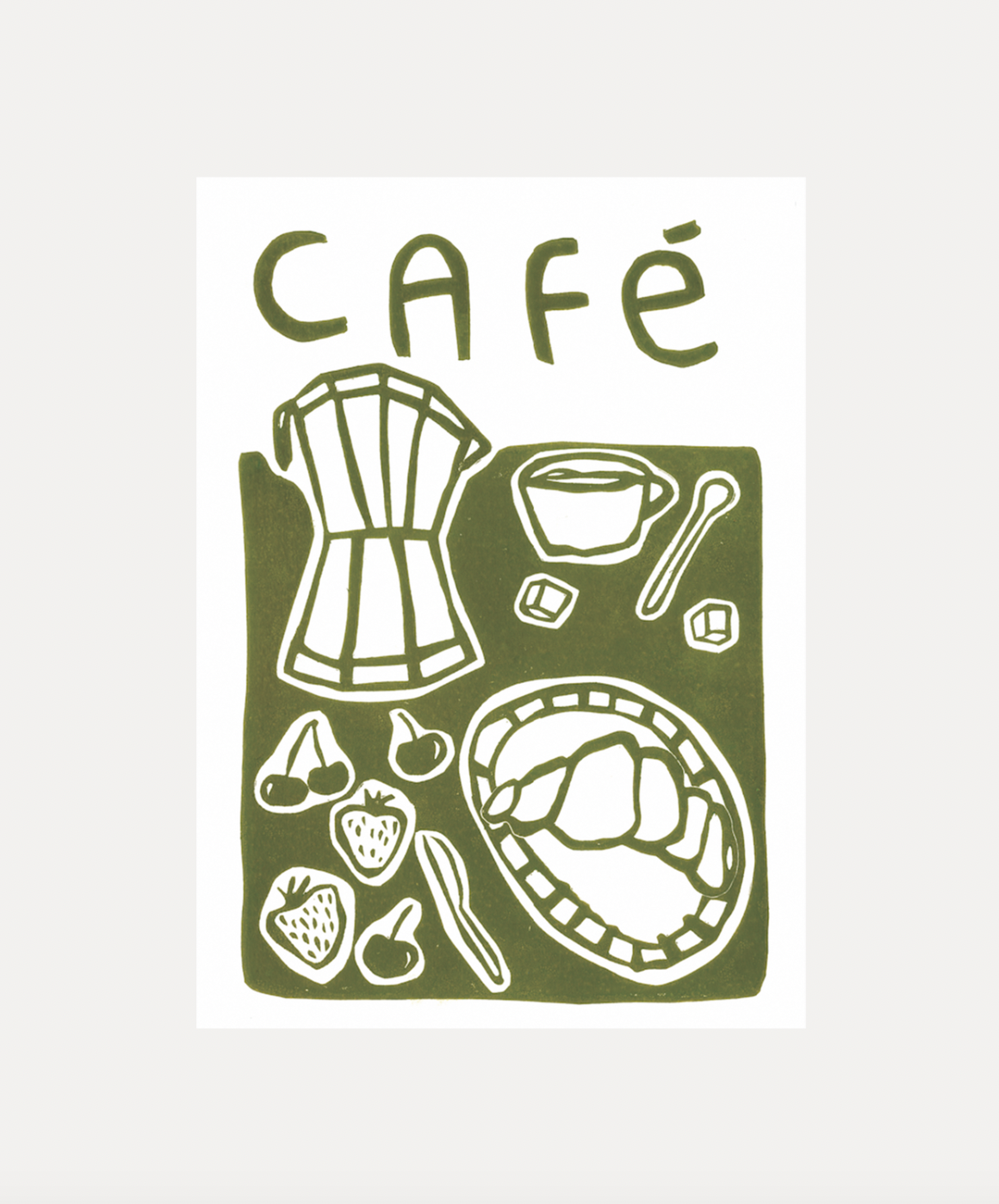 Café Breakfast - Olive Green Linocut - Art Print — Jazmine Joye